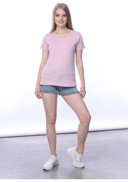 Süper Kalite Pembe V Yaka Kadın Tişört Düz Renk Basic Organik Pamuk Örme Penye T-Shirt modelleri