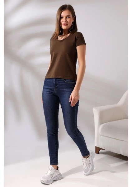 %100 Pamuk Süper Kalite Kahverengi V Yaka Kadın Basic Tişört Örme Pamuk Penye T-Shirt fiyatları