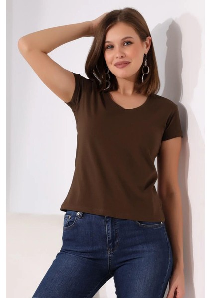 %100 Pamuk Süper Kalite Kahverengi V Yaka Kadın Basic Tişört Örme Pamuk Penye T-Shirt modelleri