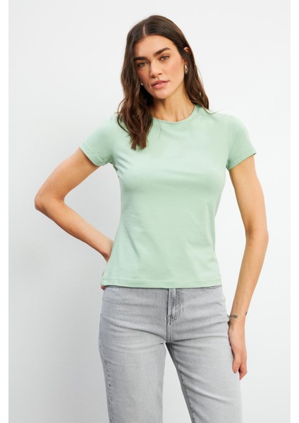 Rachel Bisiklet Yaka Slim Fit Basic Tişört - Çağla