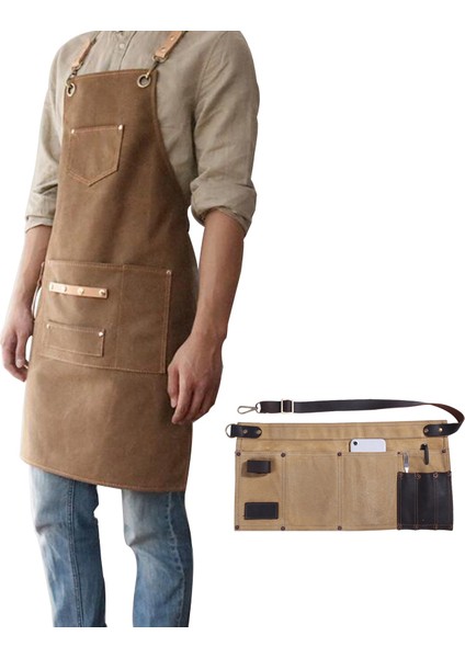Kahverengi Tarzı Deri Pamuk Barbekü Önlüğü Bib Klasik Mutfak Önlüğü Barista Cep Berber Aşçı Lokanta Garson Ayarlanabilir Önlük (Yurt Dışından)