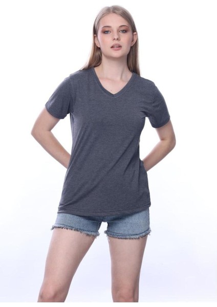 Süper Kalite Antrasit V Yaka Kadın Tişört Düz Renk Basic Organik Pamuk Örme Penye T-Shirt
