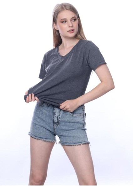 Süper Kalite Antrasit V Yaka Kadın Tişört Düz Renk Basic Organik Pamuk Örme Penye T-Shirt fiyatları