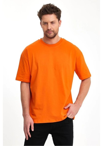 %100 Organik Pamuk Erkek Düz Turuncu Tişört Regular Fit / Normal Kesim Oranj