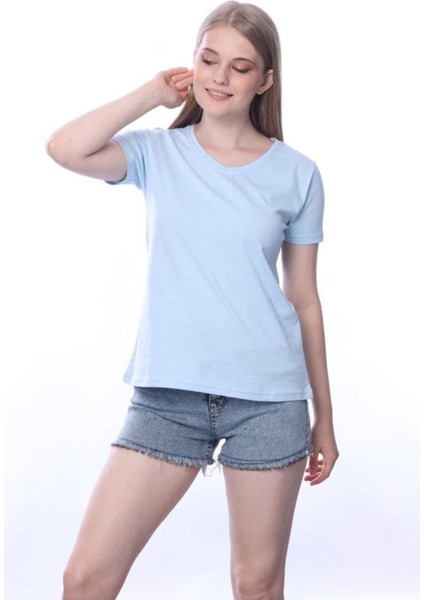 Süper Kalite Mavi V Yaka Kadın Tişört Düz Renk Basic Organik Pamuk Örme Penye T-Shirt fiyatları