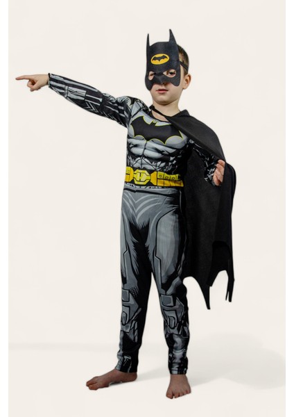 Batman Kaslı Çocuk Kostümü Siyah Pelerinli Maskeli Süper Kahraman Kaslı Kostümü