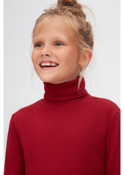 Bordo Basic Kışlık Tam Balıkçı Yaka Uzun Kollu Kız Çocuk Tişört modelleri
