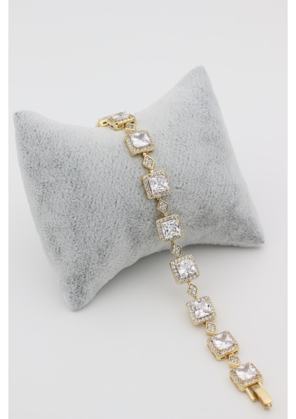Xupıng Jewelry 14 Ayar Altın Kaplama, Kare Taşlı Zirkon Bileklik