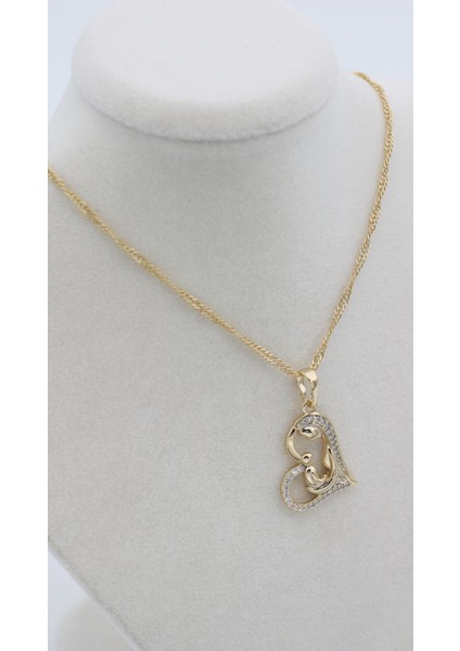 Xupıng Jewelry 14 Ayar Altın Kaplama,kalpli Anne Çocuk Zirkon Taşlı Kolye