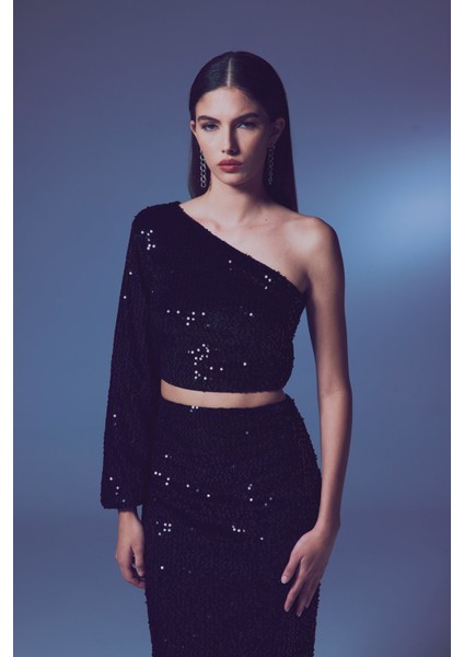 Tek Kollu Crop Bluz - Siyah