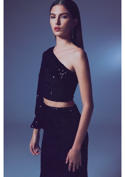 Tek Kollu Crop Bluz - Siyah