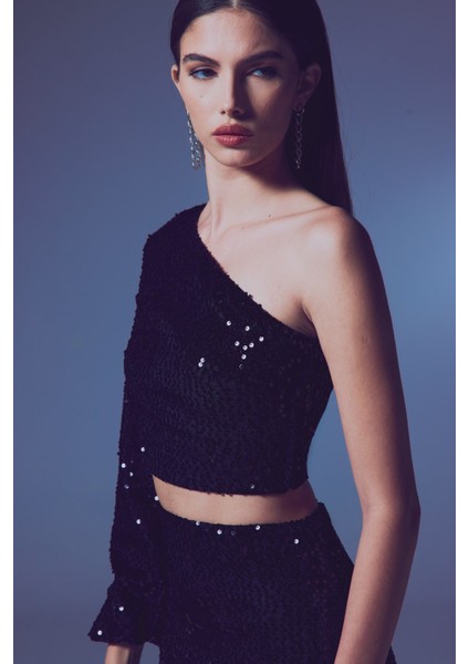 Tek Kollu Crop Bluz - Siyah
