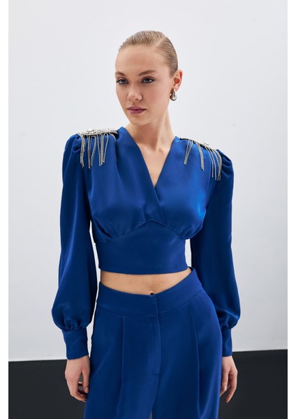 Omuz Aksesuarlı Kısa Bluz - Indigo