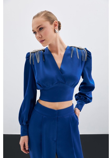 Omuz Aksesuarlı Kısa Bluz - Indigo fiyatları
