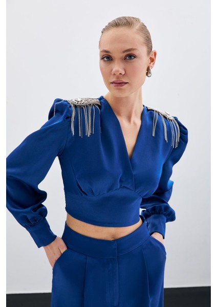 Omuz Aksesuarlı Kısa Bluz - Indigo modelleri