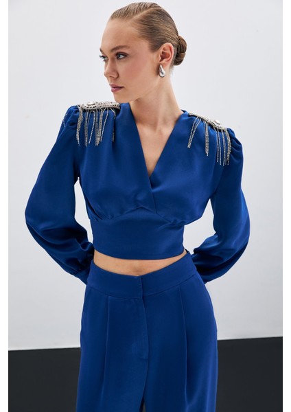 Omuz Aksesuarlı Kısa Bluz - Indigo fırsatları