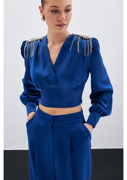 Omuz Aksesuarlı Kısa Bluz - Indigo indirimleri