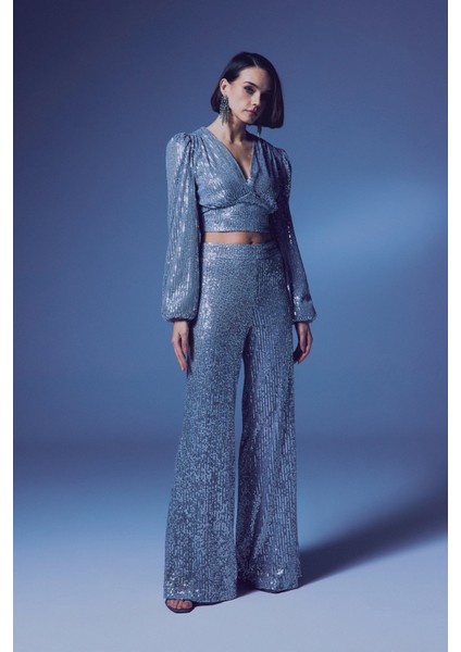 Kruvaze Payetli Crop Bluz - Gümüş