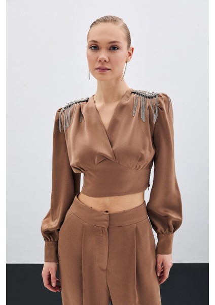 Omuz Aksesuarlı Kısa Bluz - Camel fiyatları