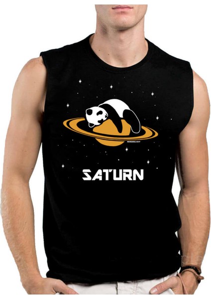 Satürnde Panda Siyah Kesik Kol / Kolsuz Erkek T-Shirt