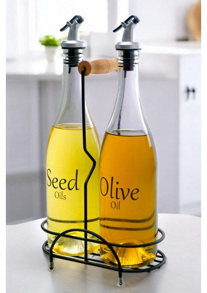 Pure 2'li Siyah Metal Standlı Ahşap Saplı Yağdanlık Seti Şeffaf Etiketli Cam Yağlık 750 ml Cys-15 fiyatları