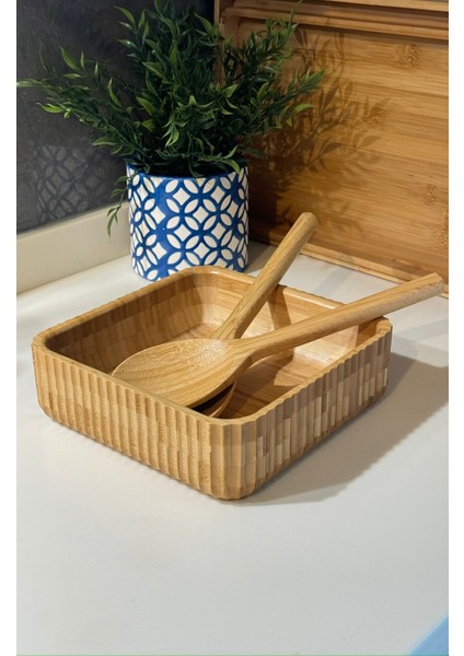 Bambu Çizgili Kase ve Kaşık Seti ,23 Cm-23 cm Büyük Boy Meyvelik Ekmeklik Salata Meze Bowl Curve