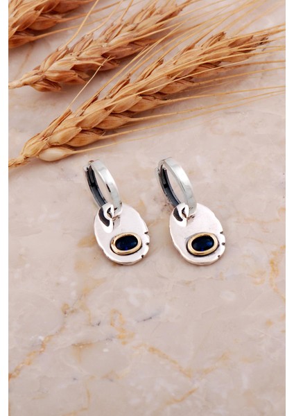 Safir Taşlı Plaka Elişi Gümüş Halka Küpe 7242