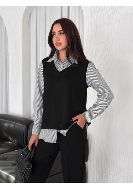 Kadın Süveterli Uzun Kol Çizgili Gömlekli Modal Rahat Takım