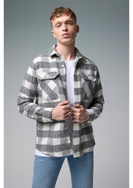 Regular Fit Ekose Dış Gömlek - Siyah-Ekru