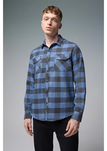 Regular Fit Ekose Flanel Gömlek - Indıgo