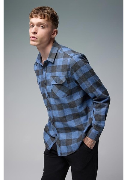 Regular Fit Ekose Flanel Gömlek - Indıgo fiyatları