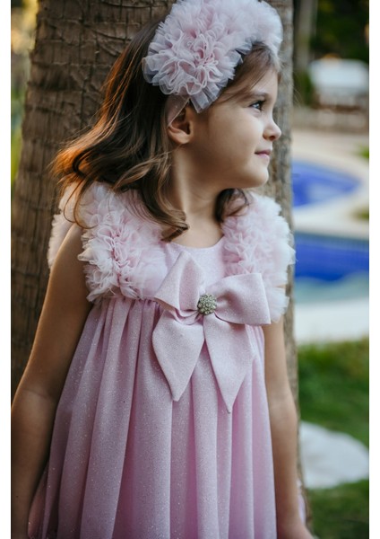 Taç Aksesuarlı Omuz Fırfır Detaylı Simli, Fiyonklu Kız Çocuk Abiye, Kız Çocuk Doğum Günü ve Parti Elbisesi fiyatları