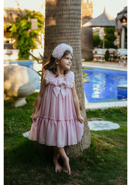 Taç Aksesuarlı Omuz Fırfır Detaylı Simli, Fiyonklu Kız Çocuk Abiye, Kız Çocuk Doğum Günü ve Parti Elbisesi fırsatları