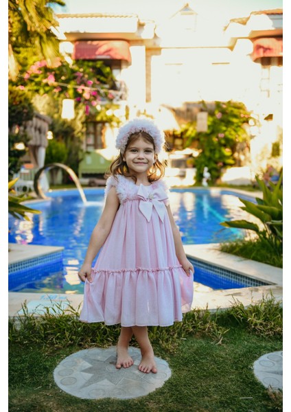 Taç Aksesuarlı Omuz Fırfır Detaylı Simli, Fiyonklu Kız Çocuk Abiye, Kız Çocuk Doğum Günü ve Parti Elbisesi