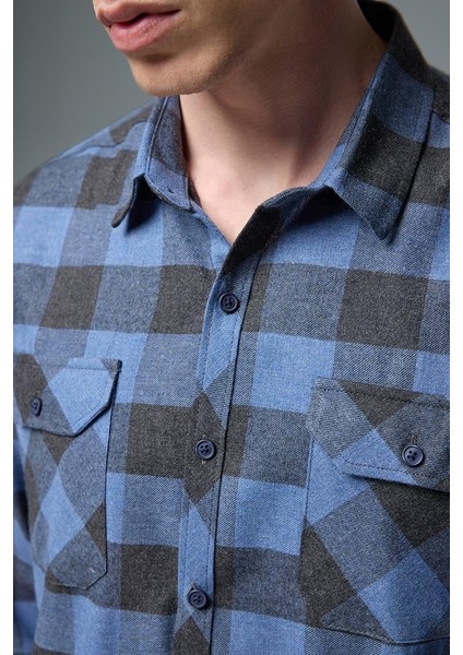 Regular Fit Ekose Flanel Gömlek - Indıgo modelleri