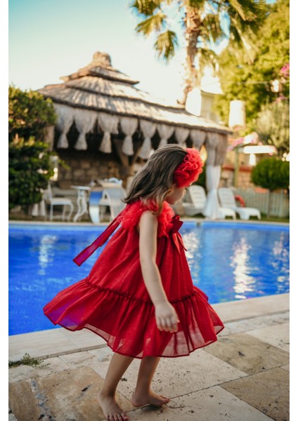 Taç Aksesuarlı Omuz Fırfır Detaylı Simli, Fiyonklu Kız Çocuk Abiye, Kız Çocuk Doğum Günü ve Parti Elbisesi