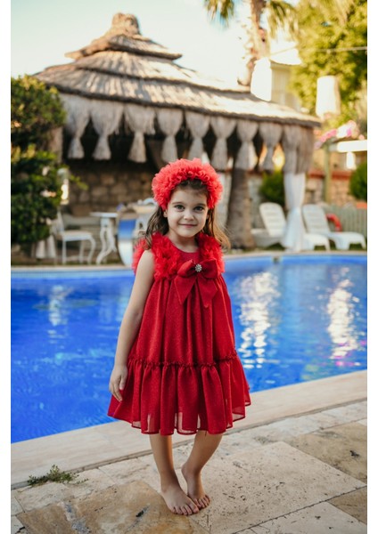 Taç Aksesuarlı Omuz Fırfır Detaylı Simli, Fiyonklu Kız Çocuk Abiye, Kız Çocuk Doğum Günü ve Parti Elbisesi fiyatları