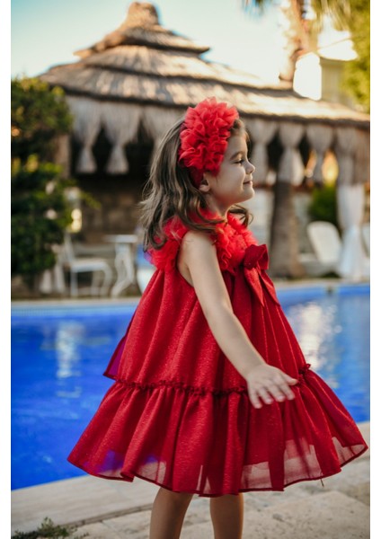 Taç Aksesuarlı Omuz Fırfır Detaylı Simli, Fiyonklu Kız Çocuk Abiye, Kız Çocuk Doğum Günü ve Parti Elbisesi modelleri