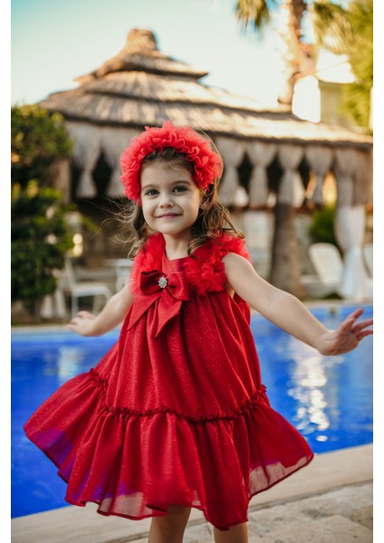 Taç Aksesuarlı Omuz Fırfır Detaylı Simli, Fiyonklu Kız Çocuk Abiye, Kız Çocuk Doğum Günü ve Parti Elbisesi fırsatları