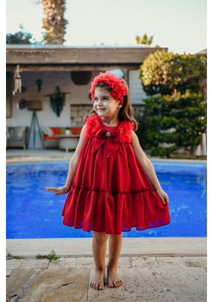 Taç Aksesuarlı Omuz Fırfır Detaylı Simli, Fiyonklu Kız Çocuk Abiye, Kız Çocuk Doğum Günü ve Parti Elbisesi indirimleri