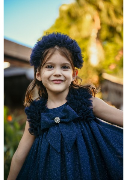 Taç Aksesuarlı Omuz Fırfır Detaylı Simli, Fiyonklu Kız Çocuk Abiye, Kız Çocuk Doğum Günü ve Parti Elbisesi modelleri