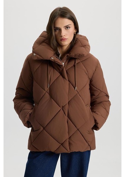 Holly Baklava Desenli Şişme Mont - Kahve