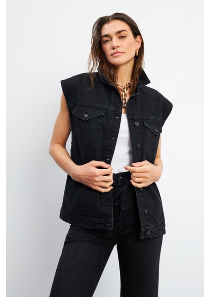 Kadın Black Oversize Jean Yelek - Black indirimleri