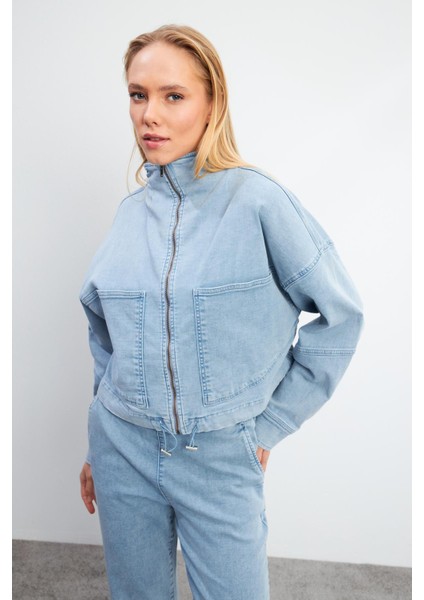 Marla Sky Blue Oversize Geniş Kesim Jean Ceket - Sky Blue