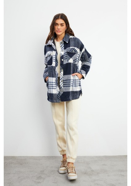 Oversize Ekose Gömlek Ceket - Ekru-Siyah