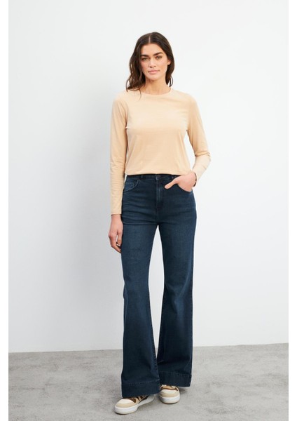 Jennifer Ispanyol Paça Yüksek Bel Deep Dark Blue Jean Pantolon - Deep Dark Blue