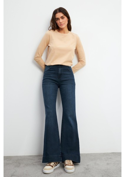 Jennifer Ispanyol Paça Yüksek Bel Deep Dark Blue Jean Pantolon - Deep Dark Blue