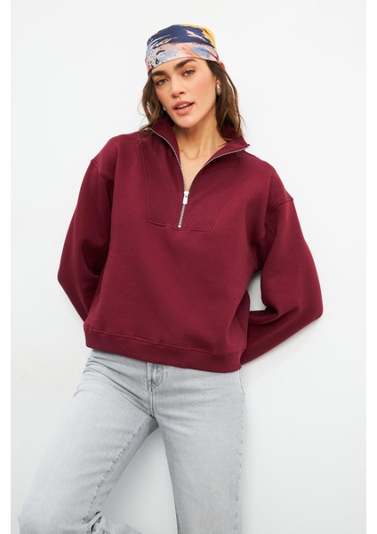 Marina Yarım Fermuarlı Pamuklu Sweatshirt - Bordo