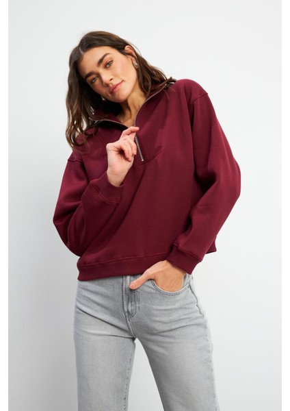 Marina Yarım Fermuarlı Pamuklu Sweatshirt - Bordo modelleri