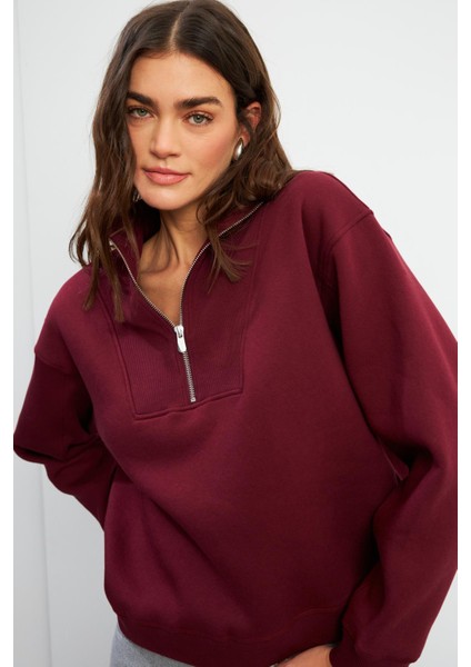 Marina Yarım Fermuarlı Pamuklu Sweatshirt - Bordo fırsatları